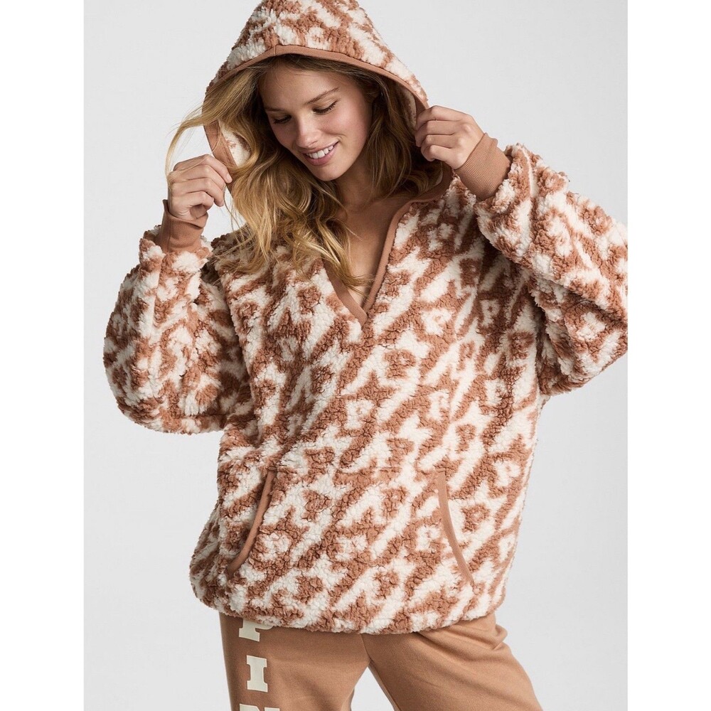 Victoria’s Secret PINK Fuzzy Cozy Pullover  All Over Logo Brown XL NWT